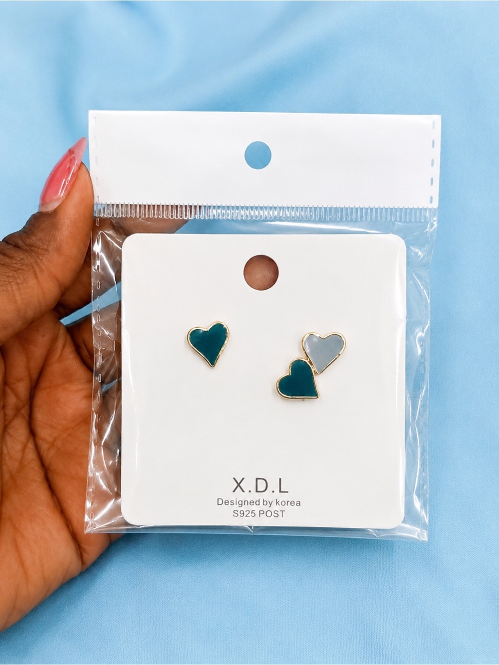 Blue & Gray Double Heart Stud Earrings –